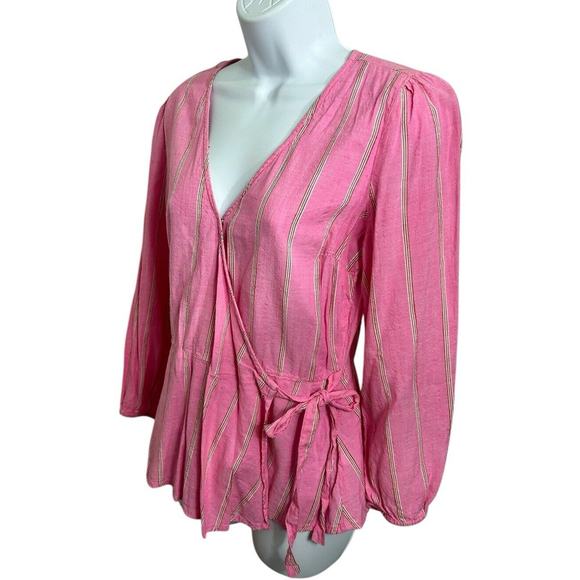 Old Navy Wrap Top Size Small Pink Striped Long-Sleeve Blouse Cotton Blend - Picture 4 of 7